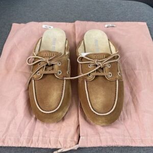 Miu Miu Chestnut Brown Suede Lace-Up Mule Loafers